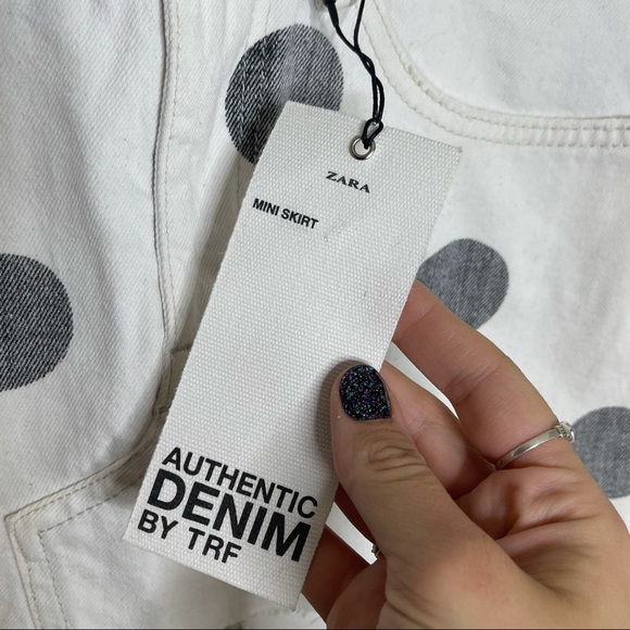 ZARA White Denim Mini Skirt Black Polka Dots Size XS NWT - Picture 3 of 7